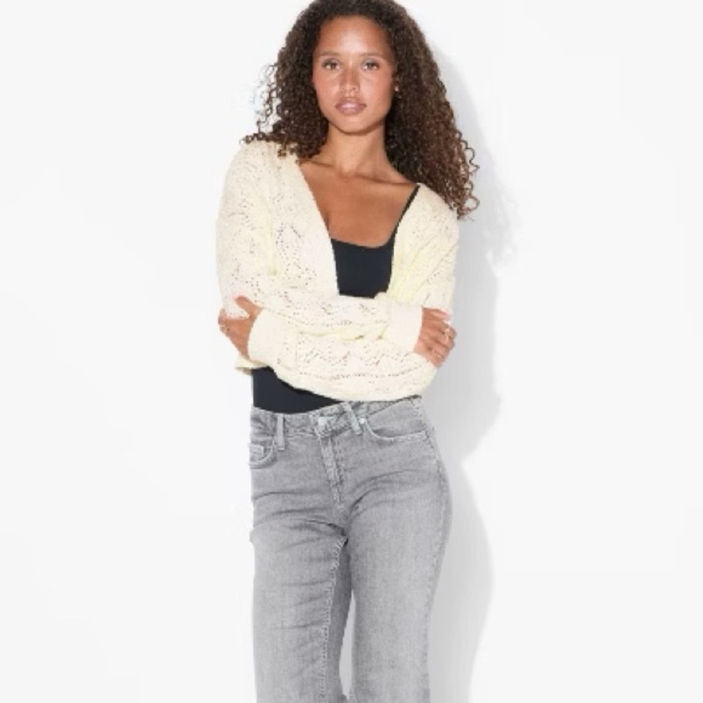 Cream Pointelle Knit Cropped Cardigan – Size Medium – Washed, Never Worn